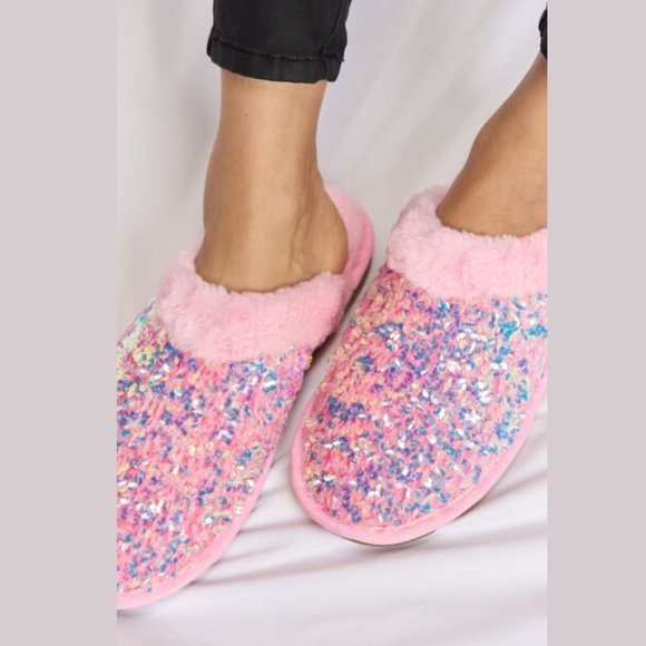 New Pink Sequin Plush Round Toe Slippers - Picture 7 of 7